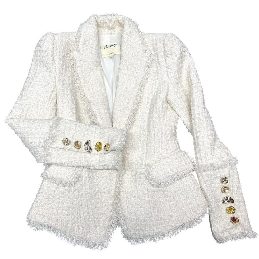 L’Agence Kaisley Tweed Blazer Ivory Gold Button Structured Jacket 2 - Picture 7 of 15